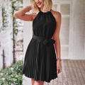 Casual Halter Neck A-Line Dress Sleeveless Belted Swing Pleated Cocktail Party Beach Mini Dresses by DailySale