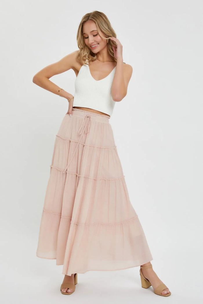 Casual Pull On Elastic Waist Tiered Maxi Skirt by Boutique 23
