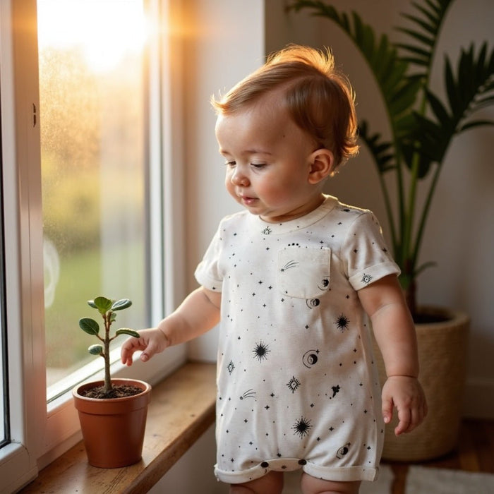 short sleeve romper | celestial by Finn + Emma