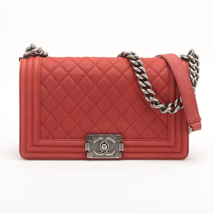 Chanel Boy 25 Caviar Skin Chain Shoulder Bag Red Gunmetal Fittings 18797144 #2434 by Bolt Boutique