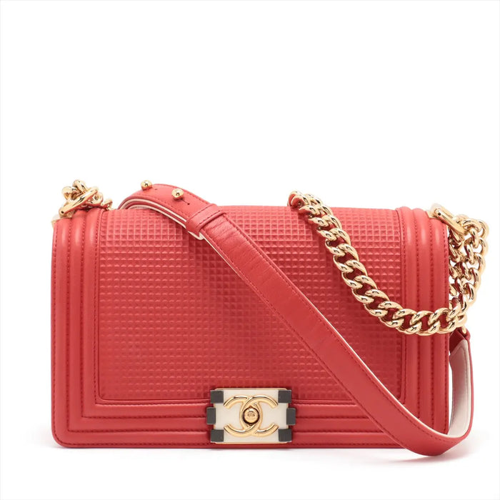 Chanel Boy 25 Flap Cube Embossed Red Leather Shoulder Bag 18 Series #2880 by Bolt Boutique