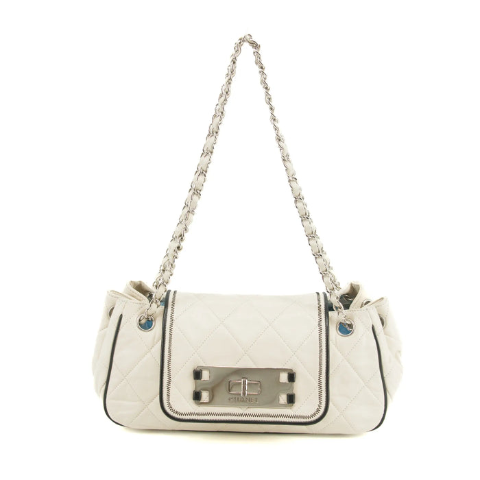 Chanel East West 2.55 Mademoiselle Flap White Accordian Shoulder Bag #3764 by Bolt Boutique