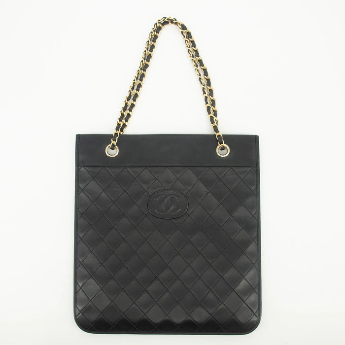 Chanel Lambskin Quilted CC Flat Tote Bag Chain Black Coco Mark #2335 by Bolt Boutique