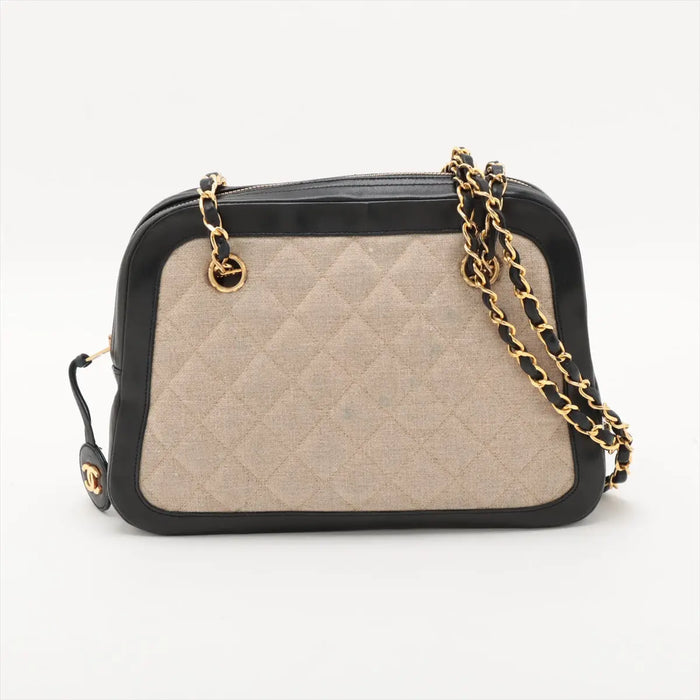 Chanel Matelasse Canvas &amp; Leather Chain Shoulder Bag Black x Beige Gold Metal Fittings 1 Series #2509 by Bolt Boutique