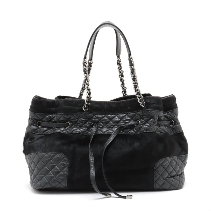 Chanel Matelasse Leather &amp; Cowhide Chain Shoulder Bag Black Silver Metal Fittings 10754134-#2483 by Bolt Boutique