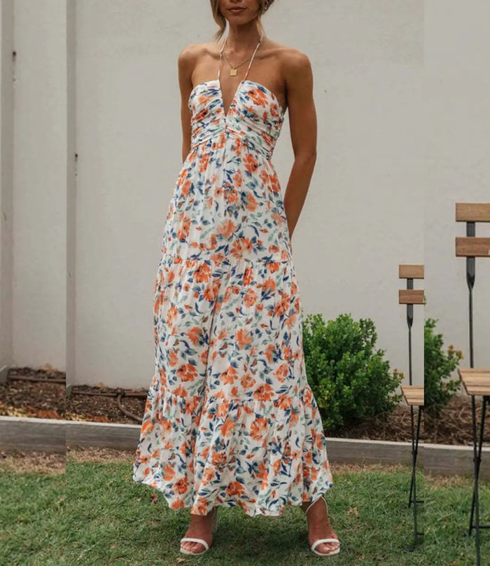 Chiffon V Neck Floral Maxi Dress - Orange by Boutique 23