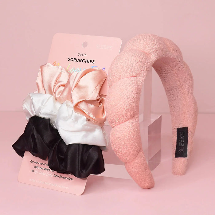Cloud Nine Hair Essentials Bundle (Spa Headband & Satin Scrunchies) by SLEEK'E HAIR