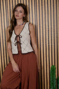 CONTRAST STITCH CROCHET KNIT FRONT TIE VEST by Boutique 23