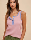 Contrast Striped Rib Henley Tank Top - Light Mauve