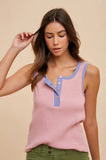 Contrast Striped Rib Henley Tank Top - Light Mauve by Boutique 23