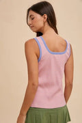 Contrast Striped Rib Henley Tank Top - Light Mauve by Boutique 23