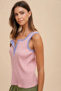 Contrast Striped Rib Henley Tank Top - Light Mauve by Boutique 23