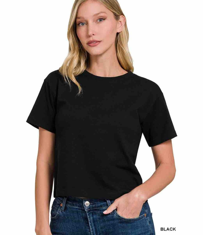 Crew Neck Short Sleeve Cropped T-Shirt - Black by Boutique 23