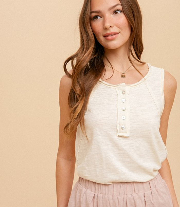 Cotton Slub Henley Tank Top - Cream by Boutique 23