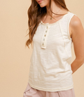 Cotton Slub Henley Tank Top - Cream by Boutique 23