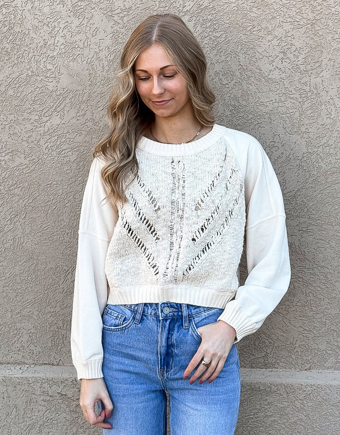 Cable Sweater Front Top - Oatmeal by Boutique 23