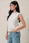 CREW NECK SLEEVELESS DIAGONAL PANEL STRIPE TOP: LT GREY-CREAM STRIPE by Boutique 23