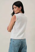 CREW NECK SLEEVELESS DIAGONAL PANEL STRIPE TOP: LT GREY-CREAM STRIPE by Boutique 23