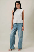 CREW NECK SLEEVELESS DIAGONAL PANEL STRIPE TOP: LT GREY-CREAM STRIPE by Boutique 23