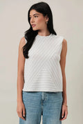 CREW NECK SLEEVELESS DIAGONAL PANEL STRIPE TOP: LT GREY-CREAM STRIPE by Boutique 23