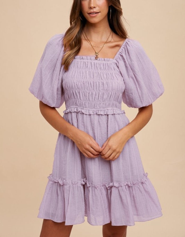 Smocking Bodice Elastic Tiered Mini Dress - Lilac by Boutique 23