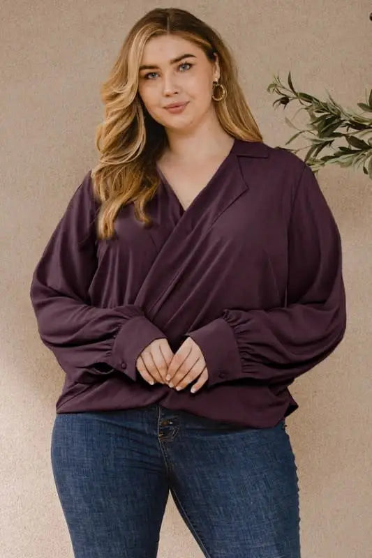 Curvy Draped Wrap Twist Shirts Blouse - Plum by Boutique 23