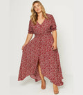 Curvy Floral Ruched Waist Maxi Dress - Red by Boutique 23