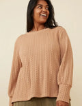 Curvy Long Cuff Cable Knit Pullover Top - Taupe by Boutique 23