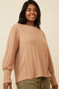 Curvy Long Cuff Cable Knit Pullover Top - Taupe by Boutique 23