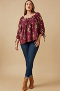 Curvy Mixed Floral Tie Sleeve Sweetheart Neck Top by Boutique 23