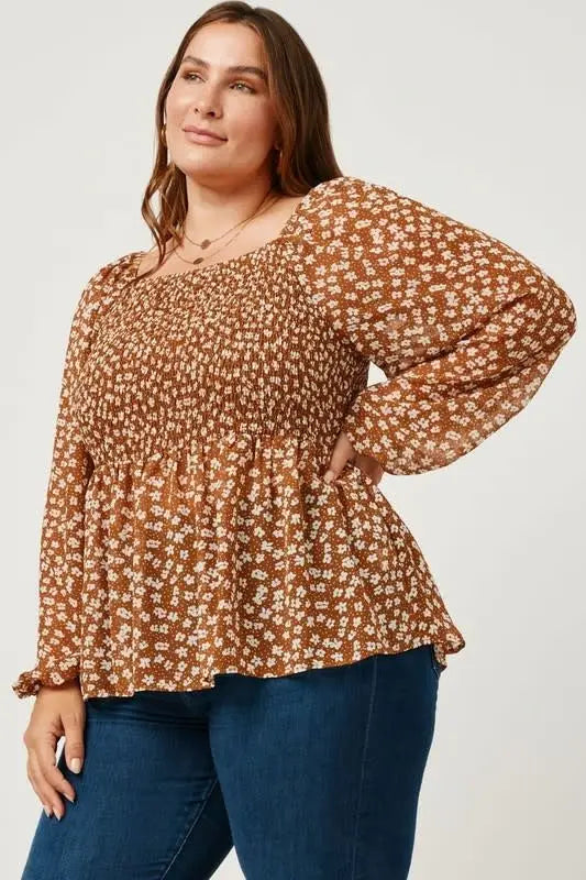 Curvy Square Neck Peplum with Puff Sleeves by Boutique 23