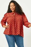 Curvy Tie Neck Floral Printed Peasant Top by Boutique 23