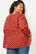 Curvy Tie Neck Floral Printed Peasant Top by Boutique 23