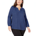 Ny Collection Blouse Navy Plus Split Neck Bishop Sleeve,Size 2X by Vanessa Jane