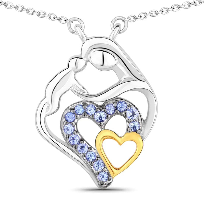 Round Violet Tanzanite Prong Silver Double Heart Pendant Necklace by Fine Color Jewels