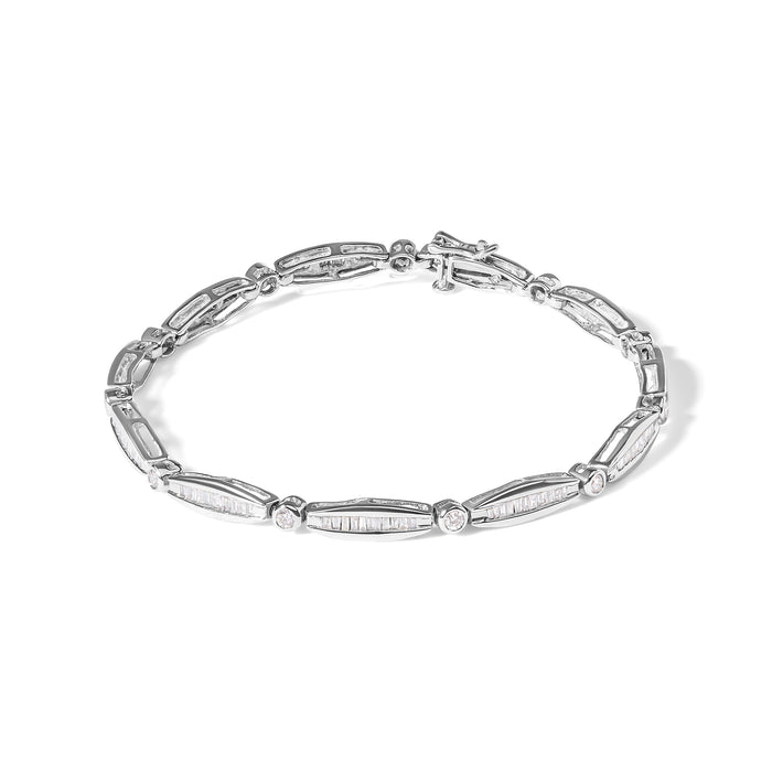 14K White Gold 1-1/2 Cttw Round Brilliant-Cut & Baguette Cut Diamond Bezel and Tapered Link 7" Tennis Bracelet (H-I Color, I1-I2 Clarity) by Bids.com