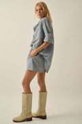Plaid Textured Seersucker Oversize Button-Up Pocket Shirt: Chambray by Boutique 23