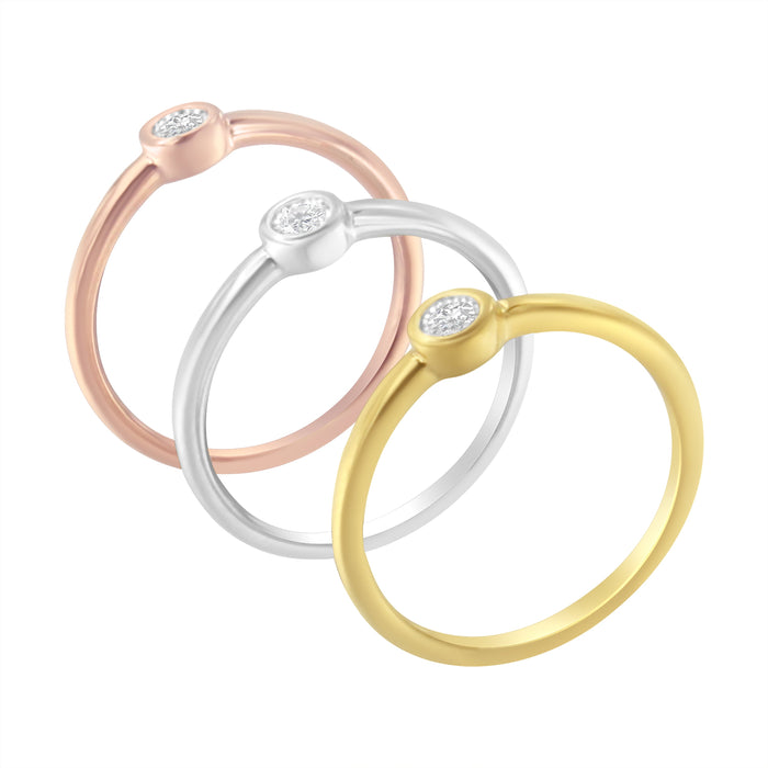 Tri-Color 14K Gold Plated .925 Sterling Silver 1/6 Cttw Round Miracle-Set Diamond Stacking Promise Ring Set (J-K Color, I1-I2 Clarity) - Size 7 by Bids.com