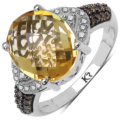 4.69 Carat Genuine Citrine, Champagne Diamond & White Diamond .925 Sterling Silver Ring by Bids.com