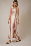 ROUND NECK SLEEVELESS SLIT STRIPE MAXI DRESS: CREAM-RED STRIPE by Boutique 23