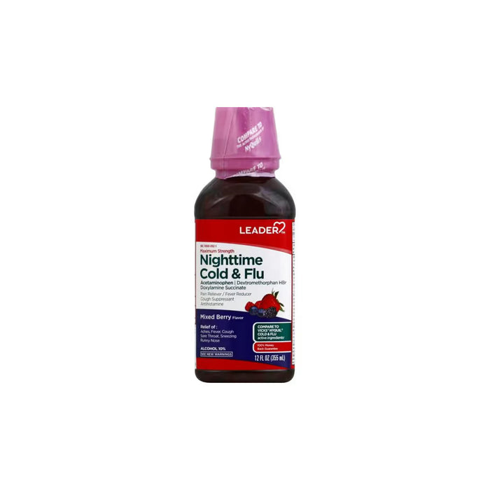 Leader Maximum Strength Nighttime Cold & Flu Relief Cherry, 12 fl oz by Pasteur Pharmacy