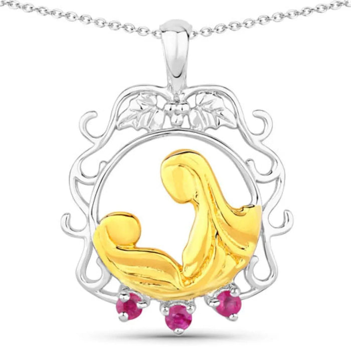 Round Pink Ruby Prong Silver Pendant Necklace by Fine Color Jewels