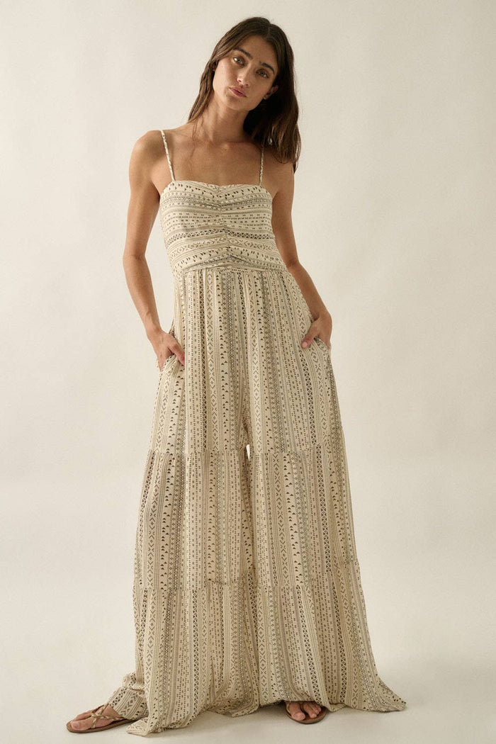 Geometric-Print Ruched Wide-Leg Tiered Ruffle Cami Jumpsuit: Oatmeal by Boutique 23