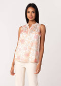 Sheer Floral Button Front Ruffle Neck Tank Top: Natural/Coral by Boutique 23