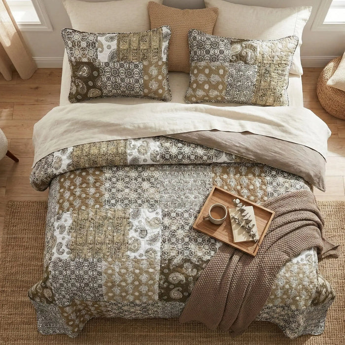 DaDa Bedding Bohemian Olive Brown Moroccan Paisley Floral Filigree Patchwork Cotton Bedspread Set (JHW-885) by DaDalogy Bedding Collection