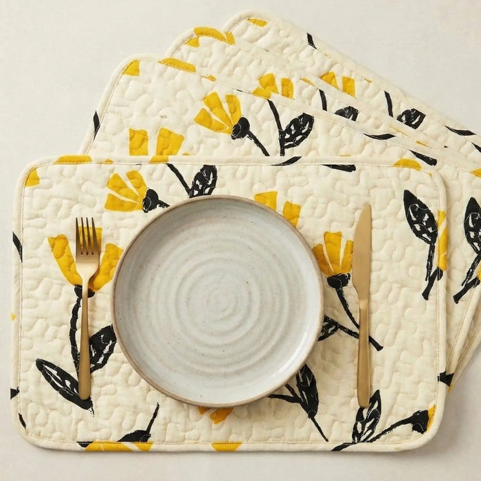 DaDa Bedding Botanical Floral Dining Table Placemats - Set of 4-Pieces Quilted Ivory with Yellow Fleur Golden Orange Spring Time Tulips - 13 x 19 by DaDalogy Bedding Collection