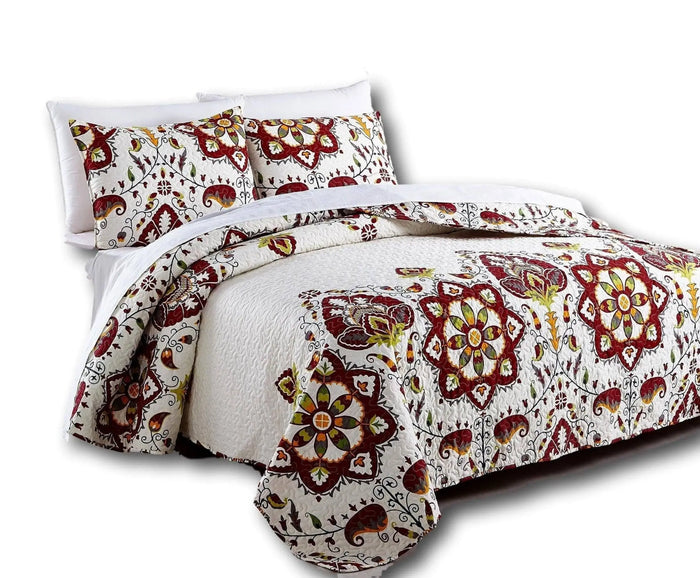 DaDa Bedding Casablanca Garden Mediterranean Floral Red & White Quilted Bedspread Set (HS-11130) by DaDalogy Bedding Collection