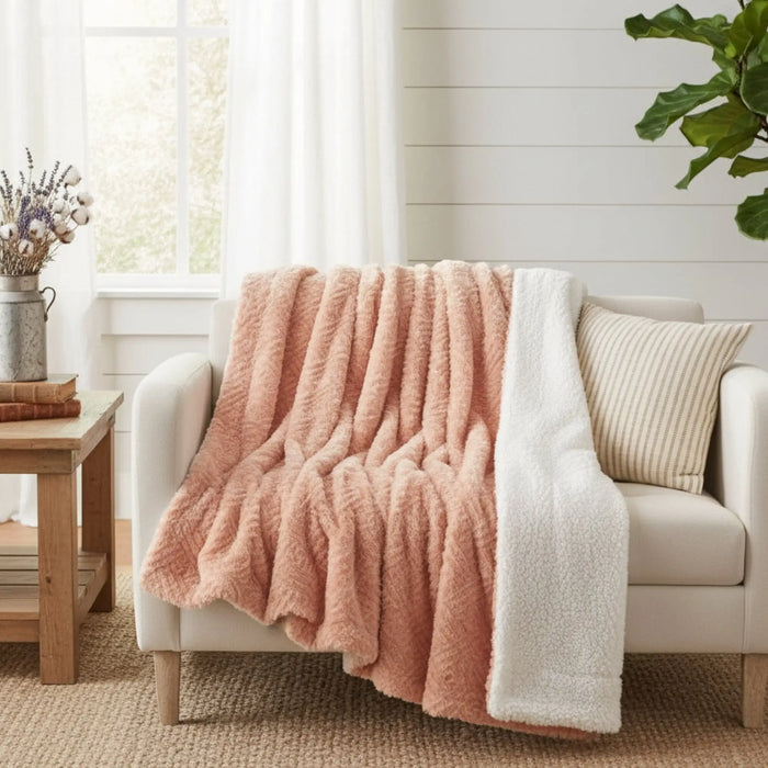 DaDa Bedding Coral Peach Rose Faux Fur Sherpa Throw Blanket by DaDalogy Bedding Collection