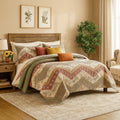 DaDa Bedding Cranberry Sage Floral Chevron Quilt Set - Lightweight Bedspread by DaDalogy Bedding Collection
