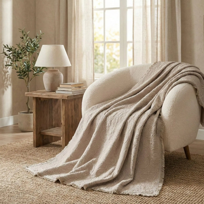 DaDa Bedding Elegant Fringed Cotton Quilted Throw Blanket - Luxurious Solid Soft Paisley Pattern, Cozy Lightweight Lap Throw, Perfect for Couch or Bed, Neutral Sandy Taupe Tan Beige, 50x60 Inches by DaDalogy Bedding Collection